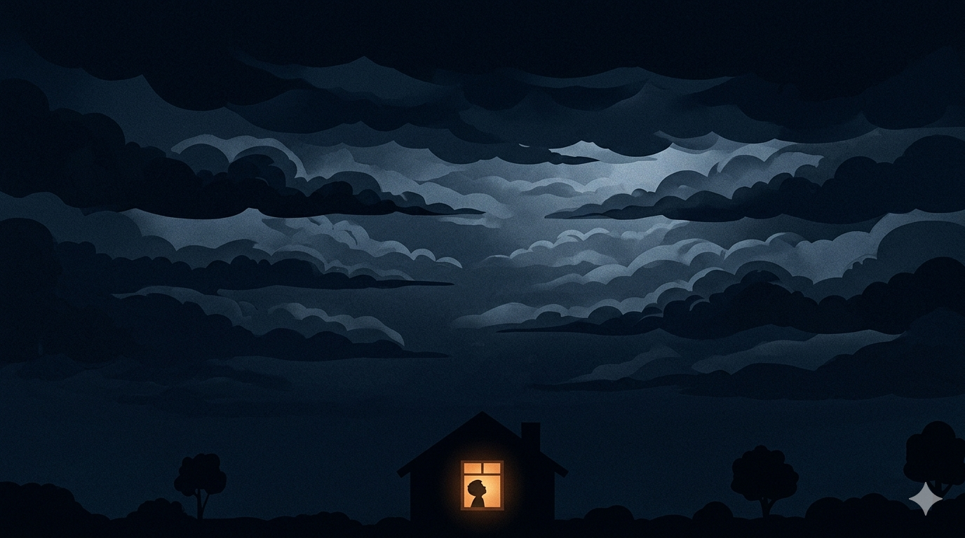 A vast dark cloudy night sky with no stars visible and a single small house below with one warm amber window glowing where a child's silhouette can be seen looking up
