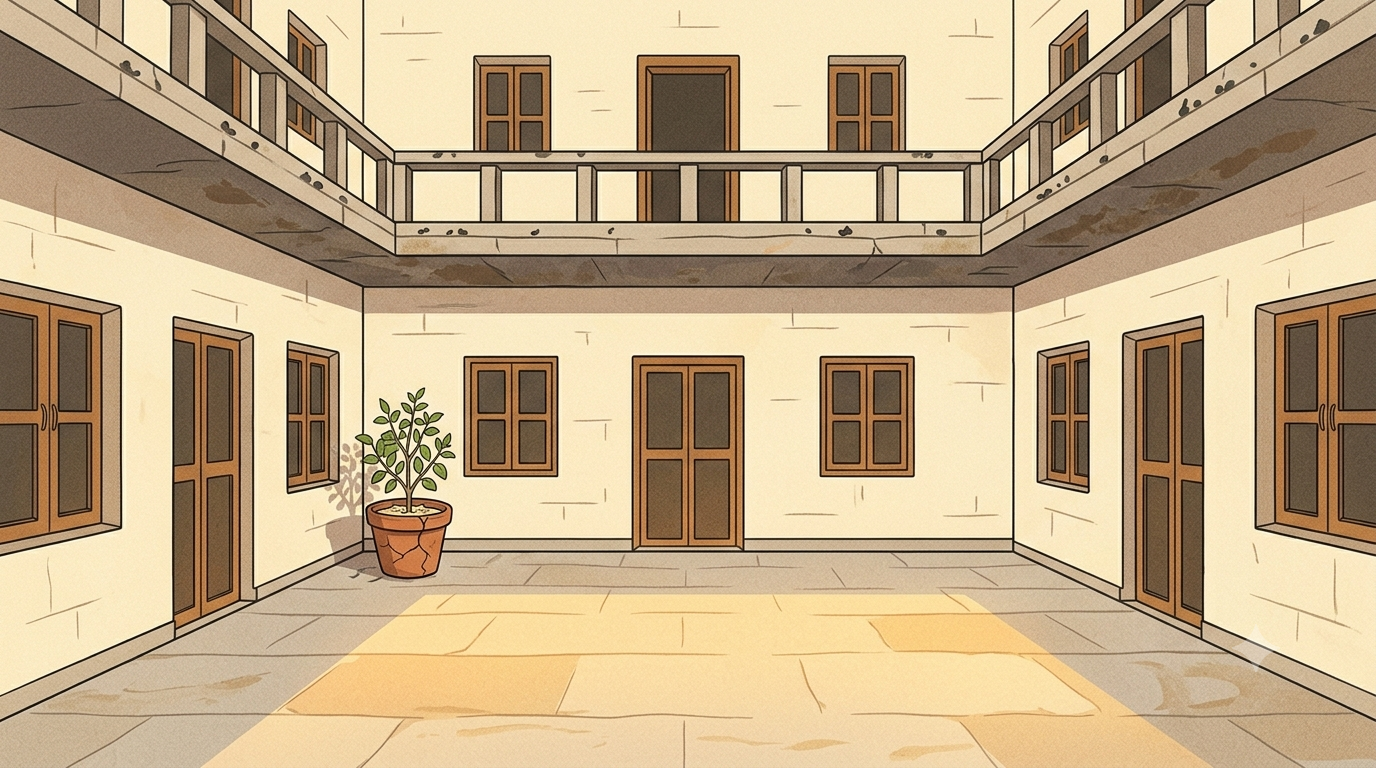 An old Indian two storey house courtyard stands empty in afternoon light with a dry cracked clay pot of tulsi in one corner and pigeon marks on the terrace railing above — the house between one family and the next