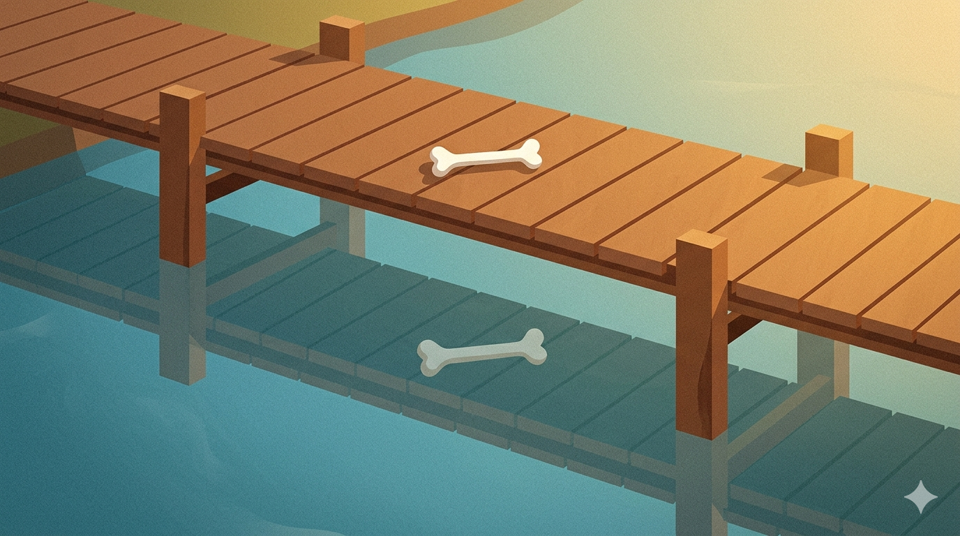 A narrow wooden bridge over a calm river with a single bone lying abandoned on the planks and its reflection visible in the still water below in warm afternoon light