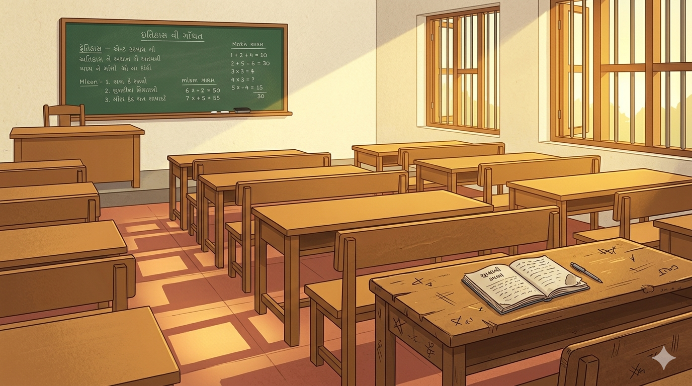 An empty Indian classroom viewed from the back with rows of wooden benches leading to a blackboard at the front and the last bench in the foreground slightly more worn and inhabited looking with a book left open on it