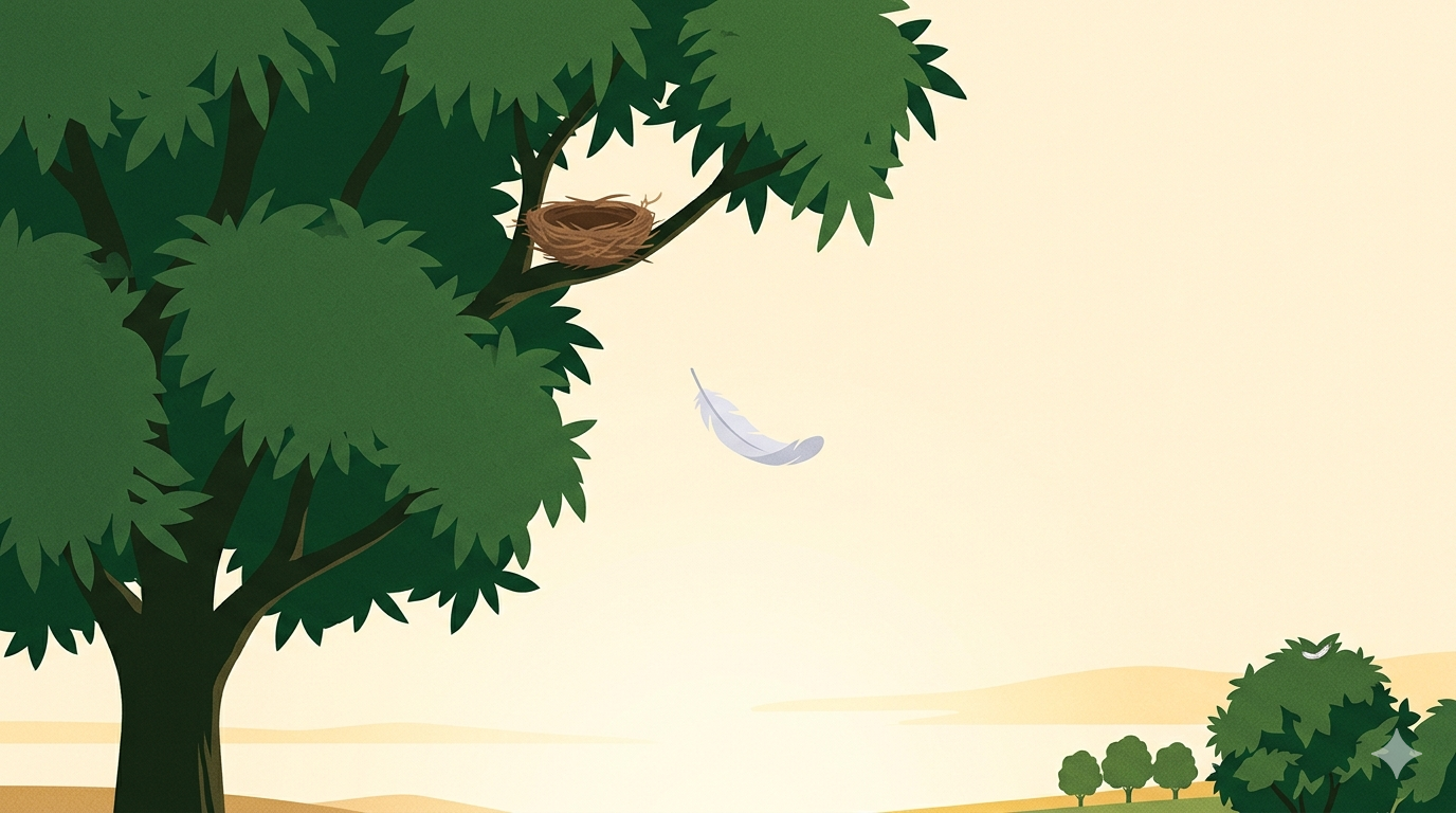 A large mango tree with an empty windswept nest in its branches and a tiny feather floating in the air below it while the warm afternoon sky stretches wide and open behind