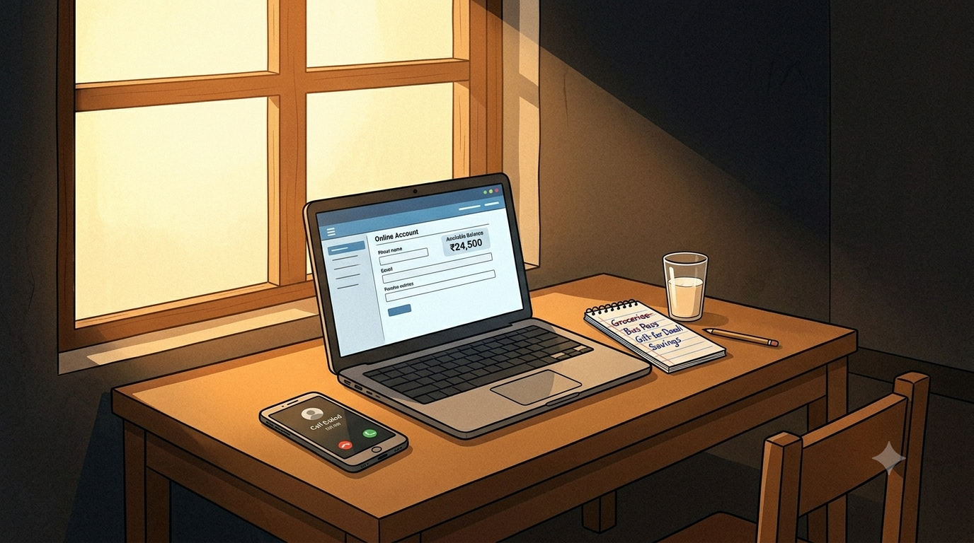 A simple Indian room with a desk showing a laptop open on a bank account screen a lit phone beside it and a handwritten notebook list with some items crossed out in warm afternoon light