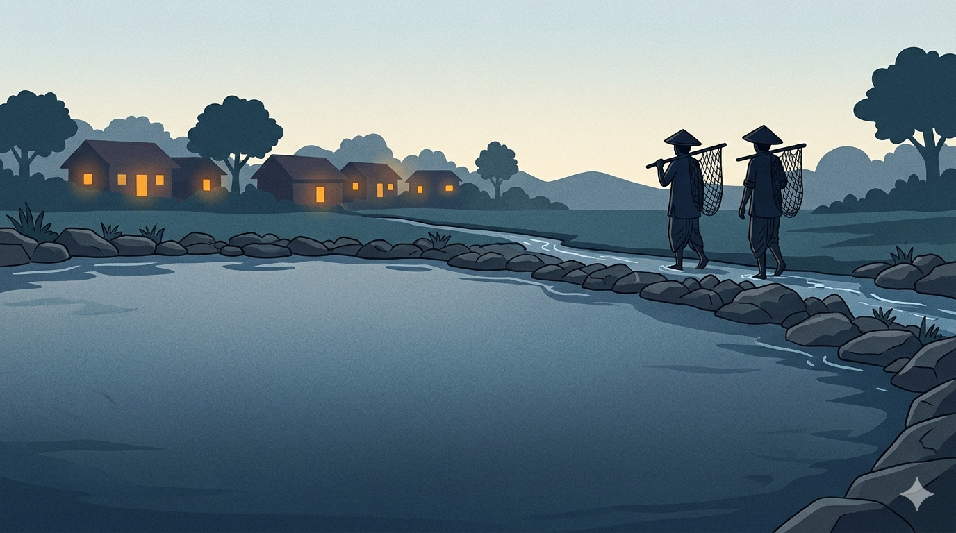 Two fishermen walk away at dusk carrying empty nets over their shoulders while the still dark pond behind them reflects the fading sky and a narrow channel leads away through the rocks on one side