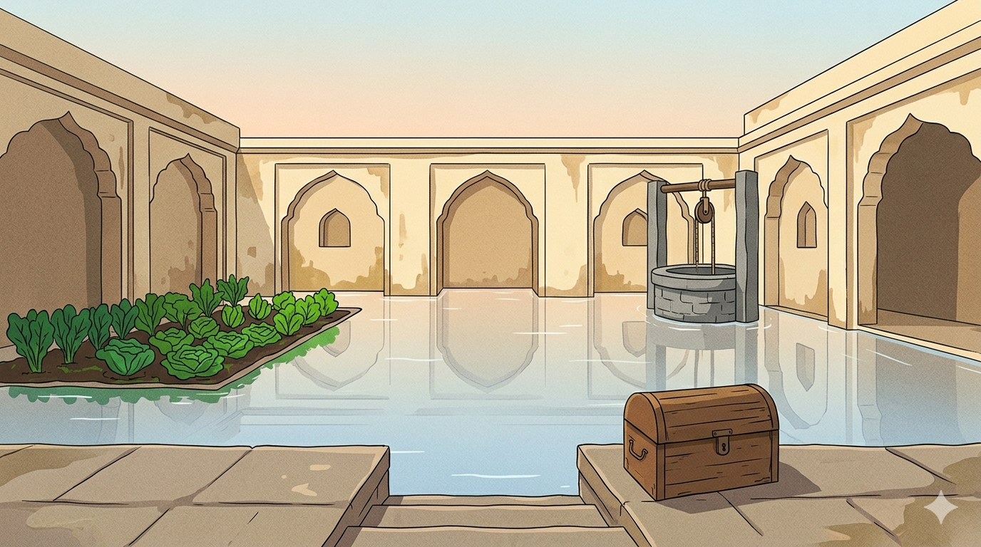 A small Indian courtyard flooded with water at dawn reflecting the pale sky with a well in the corner a freshly watered vegetable garden on one side and a wooden chest sitting dry on the steps