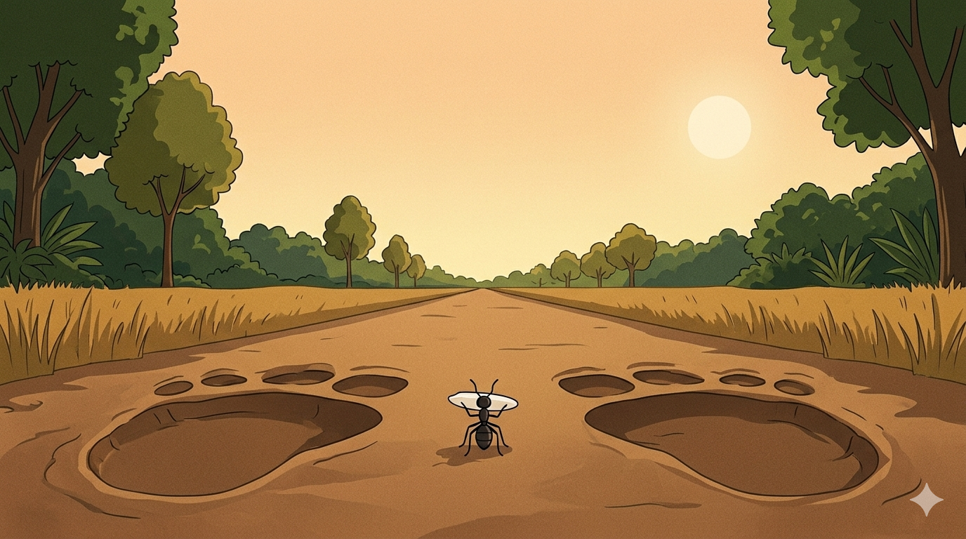 A jungle path with enormous elephant footprints on both sides and a tiny ant walking steadily through the middle carrying a single grain of rice in warm afternoon light