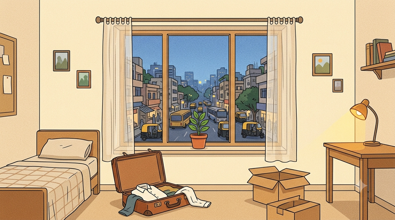 A sparse rented room viewed from inside with a window showing a busy city street outside a small potted plant on the windowsill a half unpacked suitcase and a warm lamp glow in the early evening