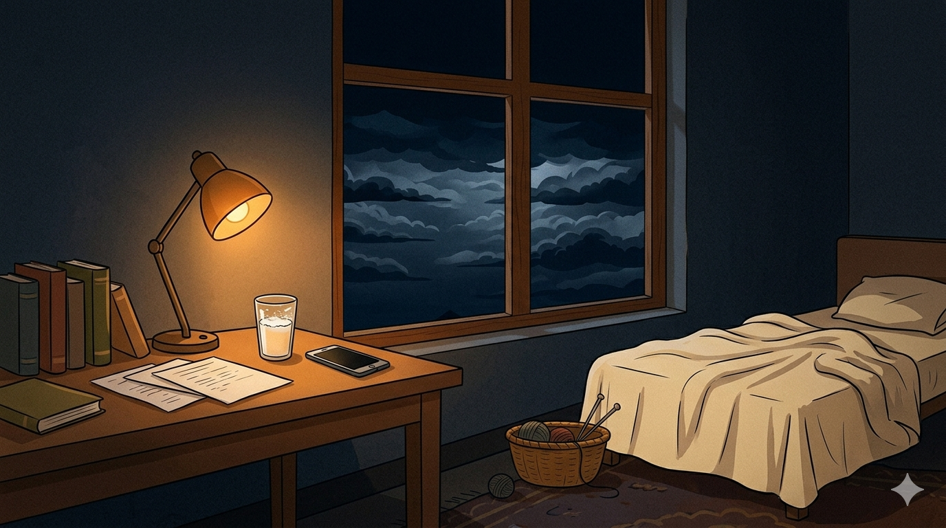 A simple Indian bedroom at night with a study lamp glowing on a desk scattered with books a glass of half-finished warm milk beside it and a phone placed face down while the bed is slightly rumpled from someone lying awake