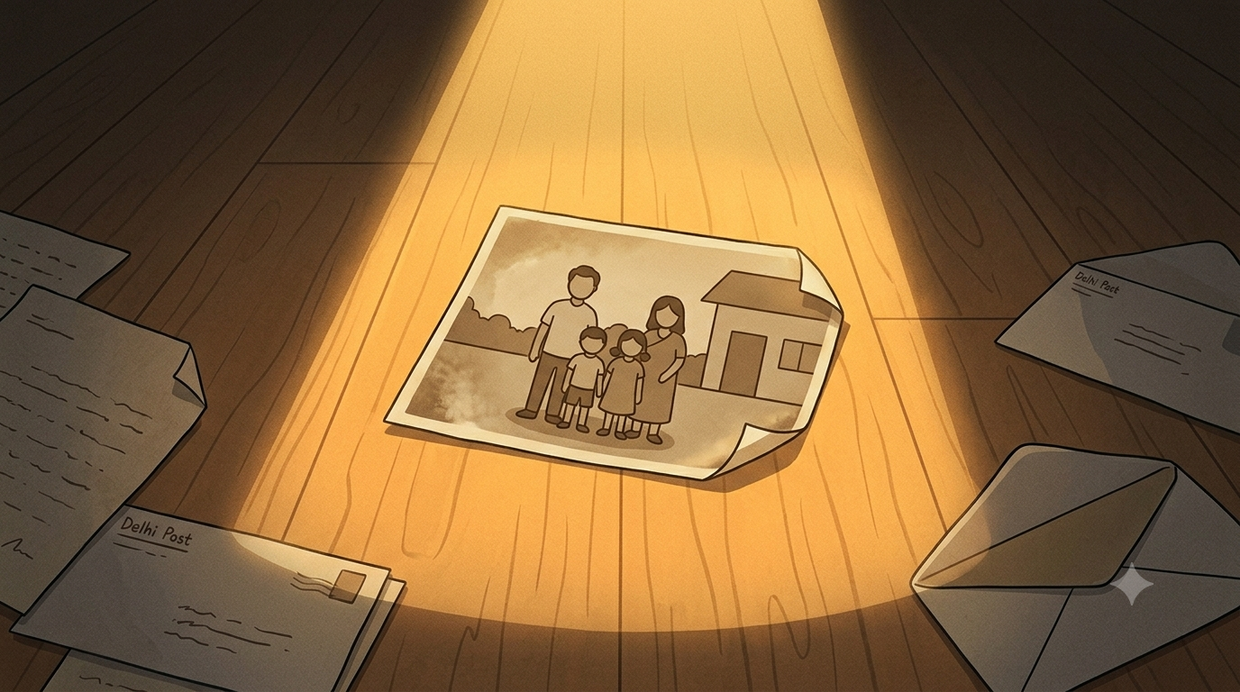 A small faded old family photograph with four silhouetted figures lies on a warm wooden floor in a shaft of afternoon light surrounded by scattered papers