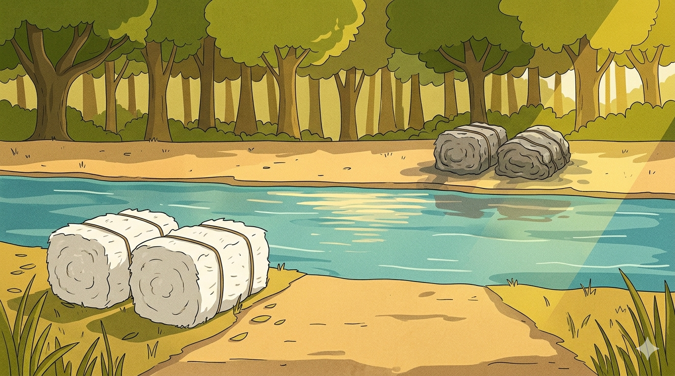 A shallow river with dry white cotton bales on one bank and heavy waterlogged dark cotton bales on the other bank in warm morning light