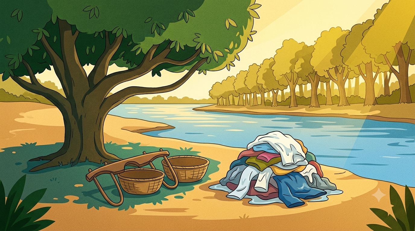 A pile of heavy wet clothes and a wooden yoke sit on a sunny riverbank while a patch of cool shade from a nearby tree falls on the empty ground beside them
