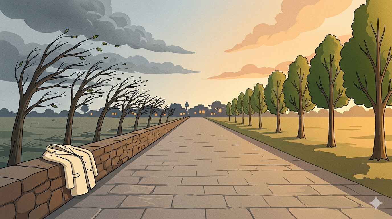 A long empty road with trees bent by strong wind on one side and calm trees in warm golden light on the other with a coat neatly folded on a stone wall in the foreground