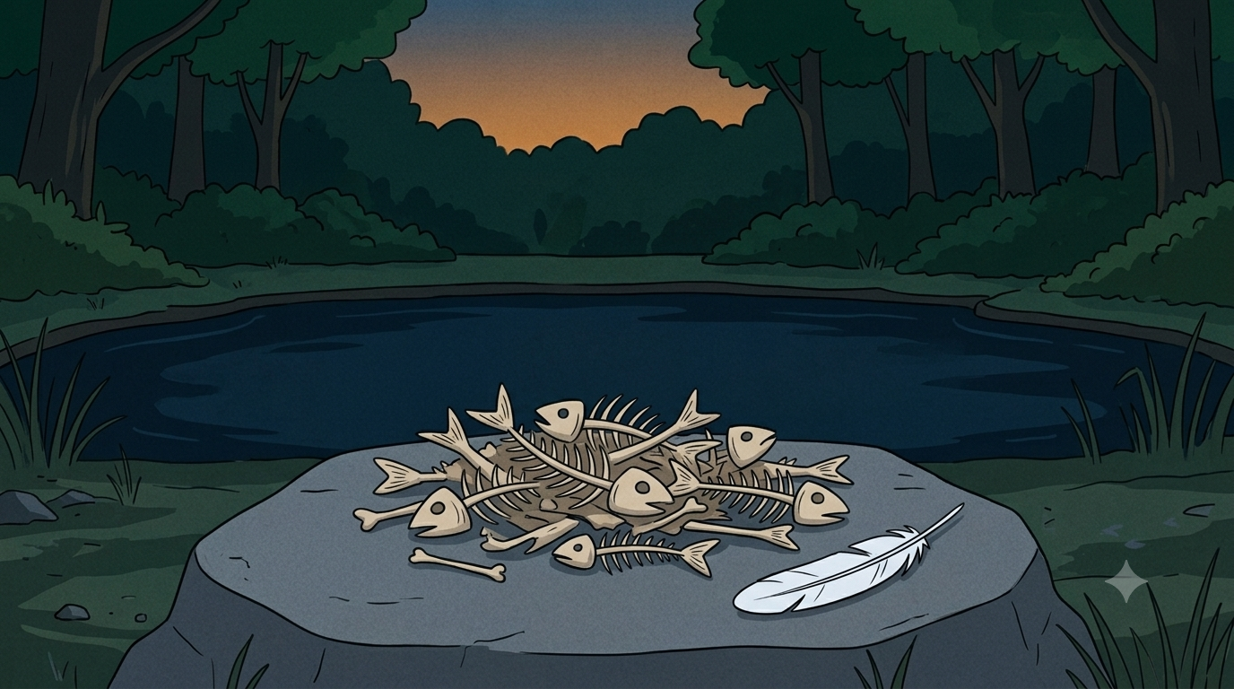 A large flat rock beside a dark forest pond with a pile of fish bones and a single white crane feather lying on it at dusk while the still water reflects the darkening sky behind