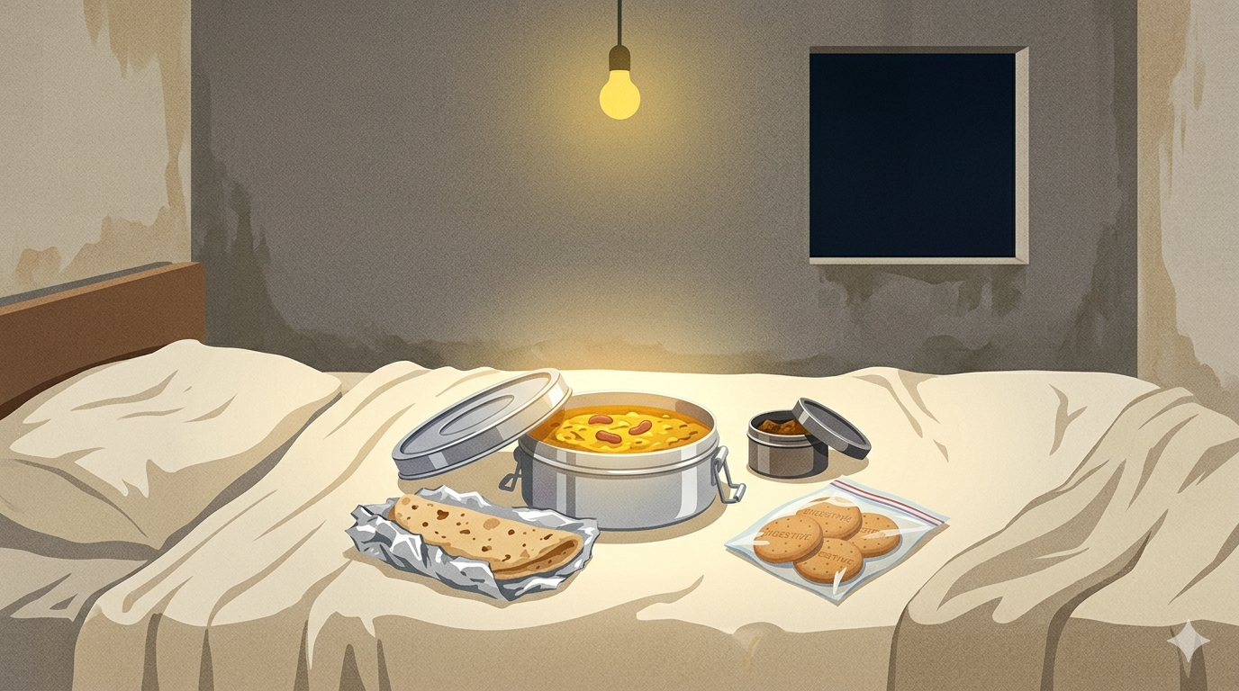 An open steel tiffin dabba on a simple bed in a sparse Delhi room, dal makhani inside, foil-wrapped roti and a small ziplock of biscuits beside it