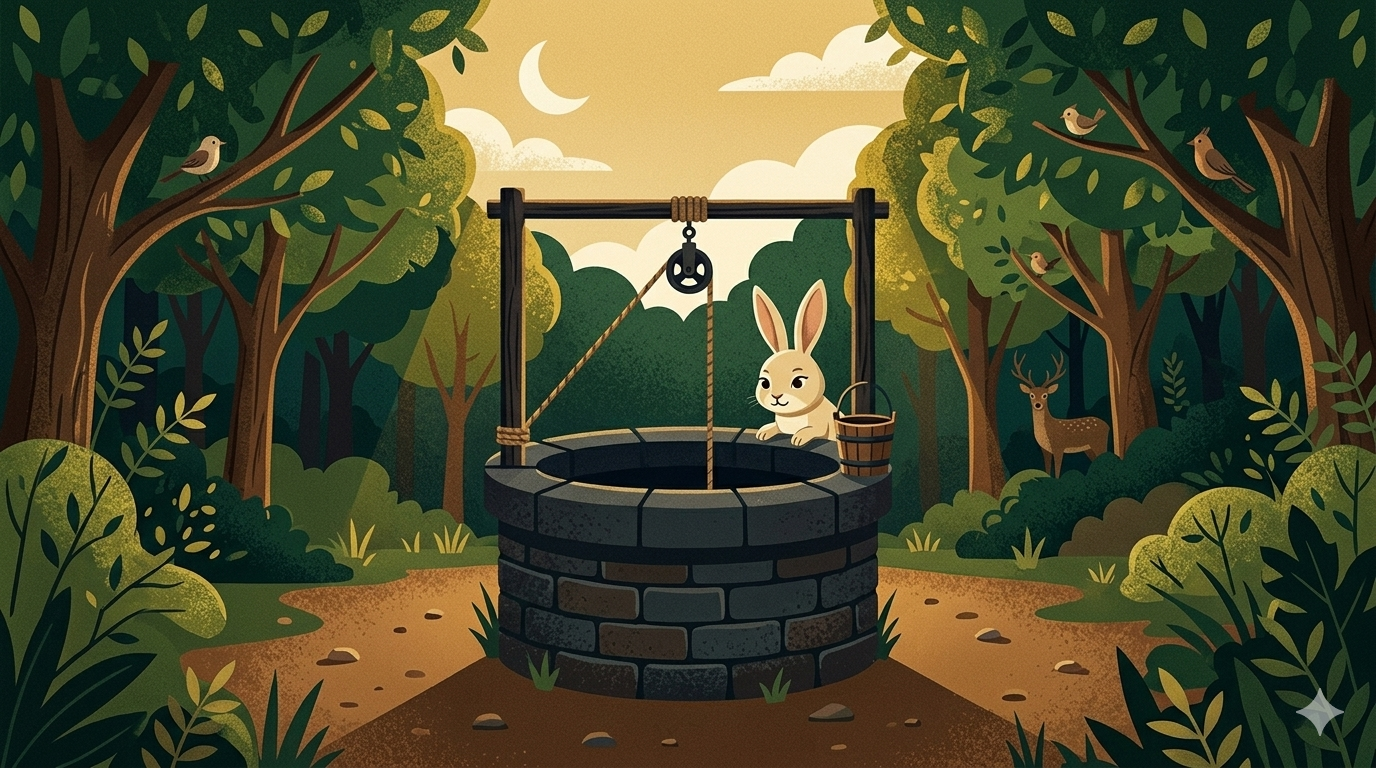A small rabbit stands calmly at the edge of a deep stone well in a lush forest, birds and deer watching from the trees behind