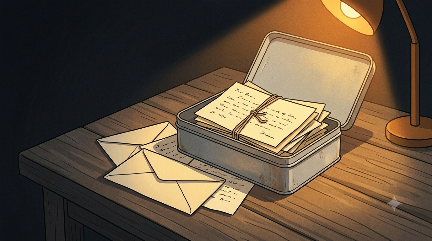 A small tin box open on a dark wooden surface in warm lamp light with a bundle of yellowed handwritten letters inside tied with a snapped rubber band and a few letters spilling out beside it