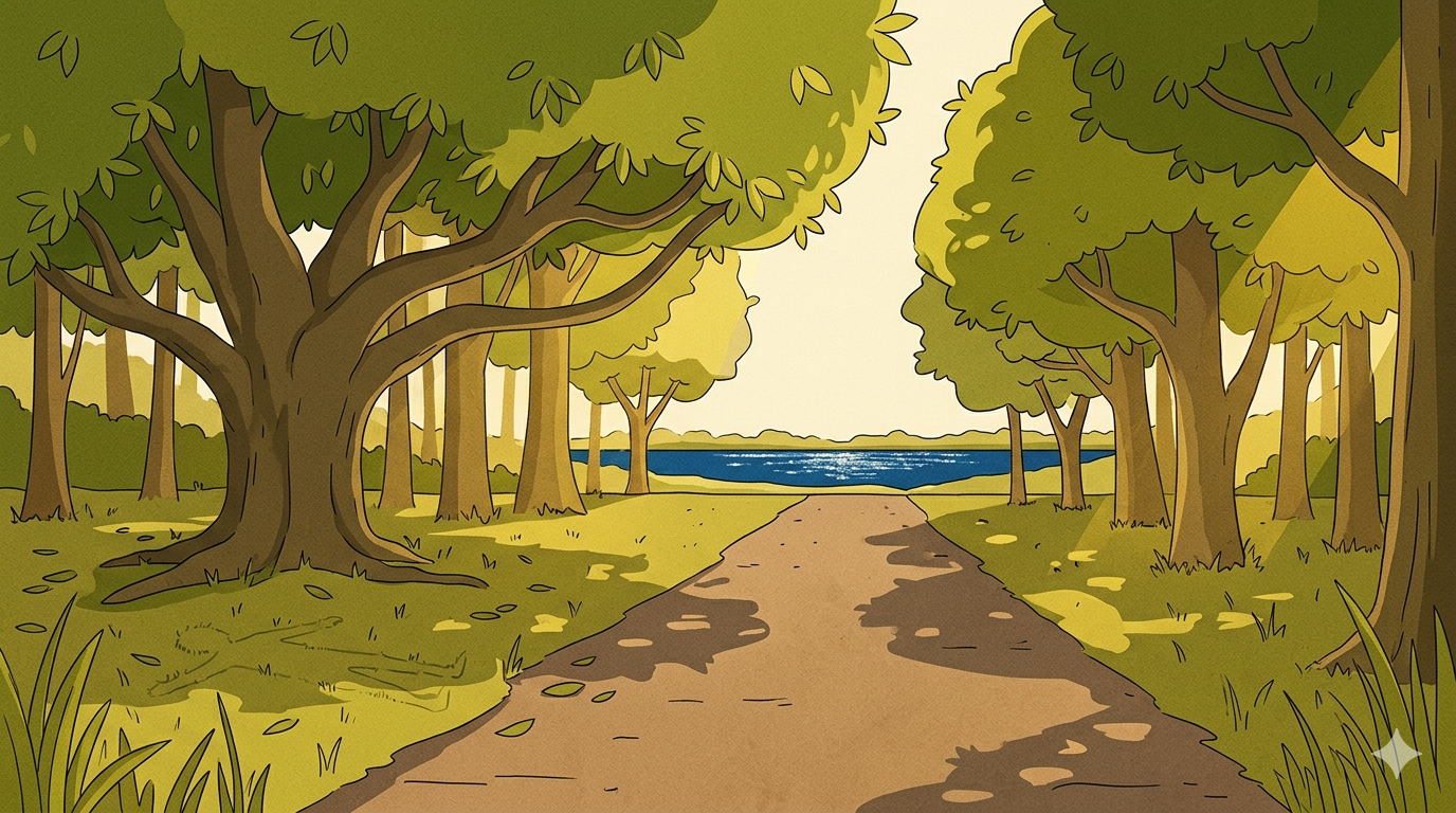  textA forest path leads toward a distant river in warm afternoon light with a large mango tree on one side and the faint impression of someone who was resting beneath it