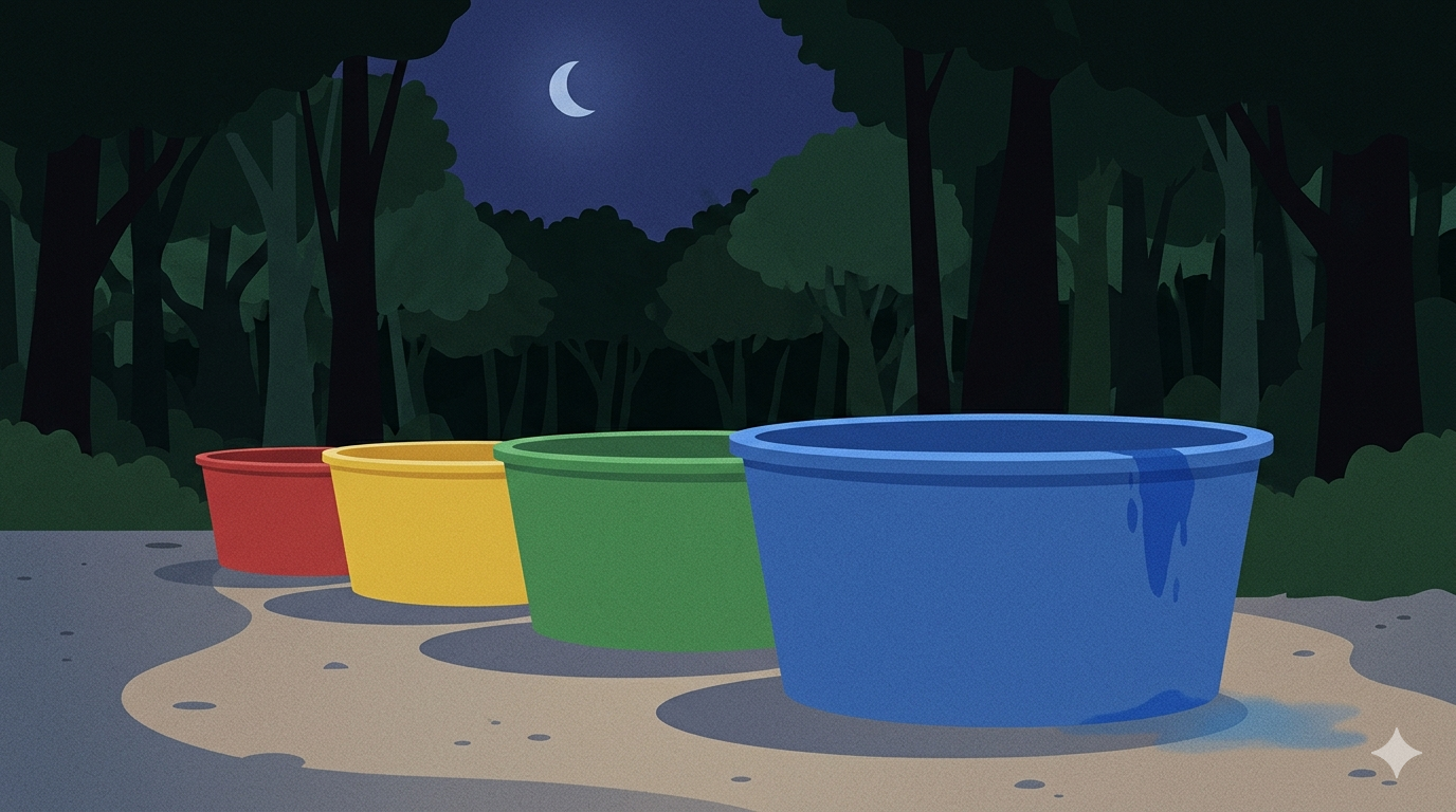 A washerman's yard at night with large coloured dye vats in a row — red yellow green and blue — moonlight falling across them with a dark forest behind