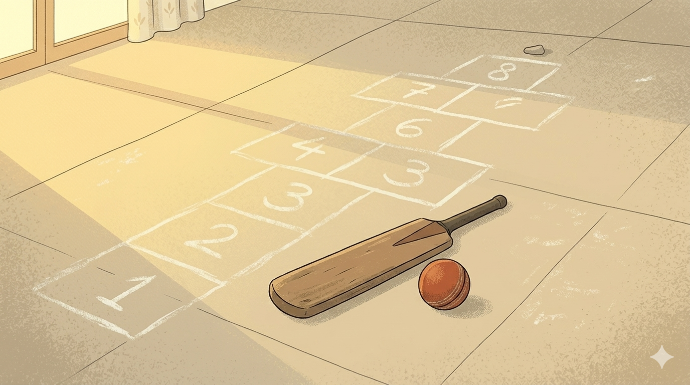 A child's cricket bat and rubber ball lying abandoned on a warm sunlit Indian floor with faint chalk stapu squares drawn nearby — mid-game — on a summer afternoon