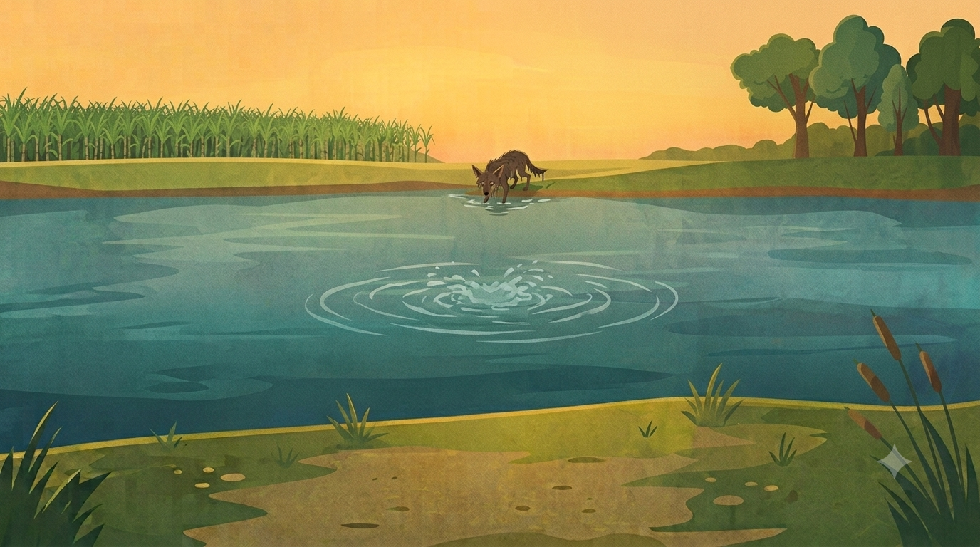 A wide calm river with rippling water at its centre suggesting something just rolled in it while a small wet bedraggled jackal pulls himself out on the far bank with a green sugarcane field visible in the distant background